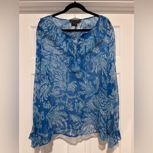 0135- Vintage Tess Studio 100% Silk Blue Floral Ruffle Blouse 16